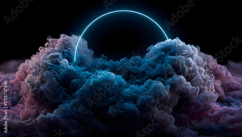 Ethereal glowing neon ring suspended above swirling colorful cosmic clouds and nebulae in deep space isolated on transparent background