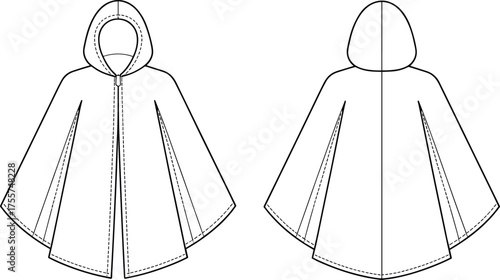 Hooded cape fashion CAD, poncho style technical flat sketch, vector illustration, front and back view, apparel design template, garment construction drawing