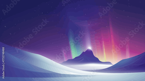 Vibrant aurora illuminates a serene, snow-covered landscape with distant mountains