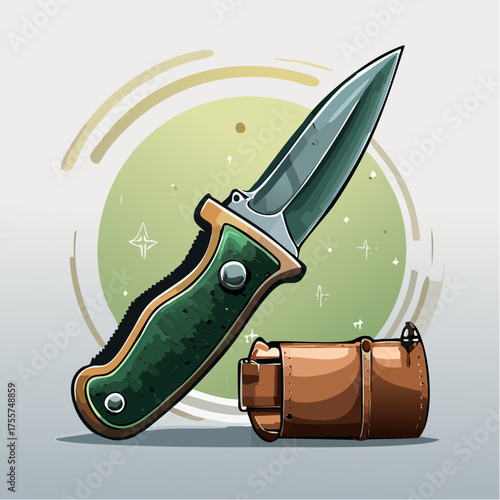 Illustrated pocket knife with sheath in modern cartoon style on a white background