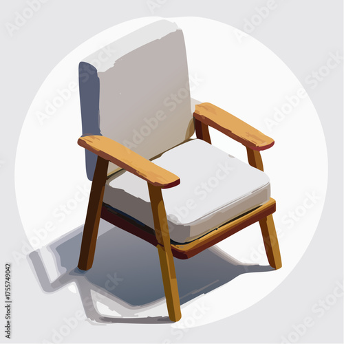Illustration of a comfortable chair with wooden armrests and a white cushion