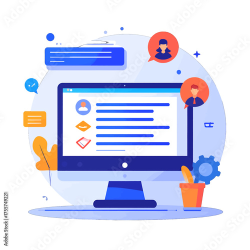 Online Profile Flat Illustration on Computer Screen with Blue Accents and Orange Flower Pot with Gears and Abstract Leaves Decor White Background