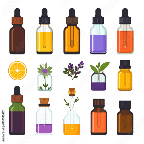 Collection of Colorful Essential Oil Bottles with Droppers and Herbs Pixel Art