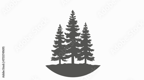 Silhouette of three evergreen trees with branches, on a rounded ground