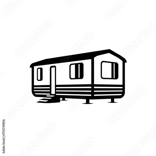 A simplified, black and white drawing of a mobile home with steps