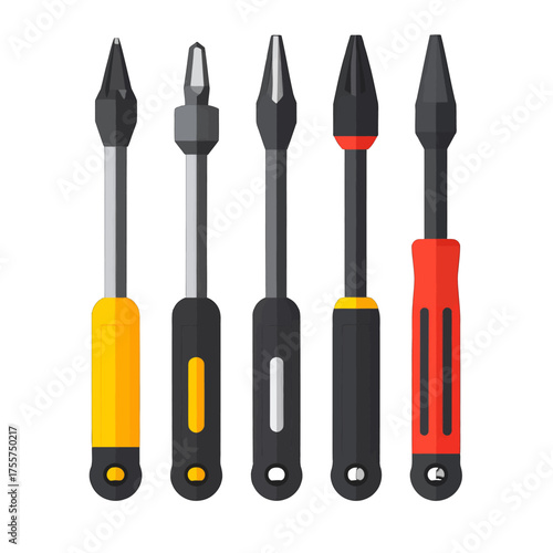Collection of Colorful Handle Screwdrivers on White Background Tools Illustration