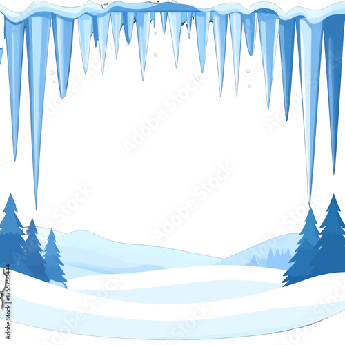 Icy Winter Landscape with Icicles and Pine Trees in Snowy Hills Against White Background for Holiday Theme