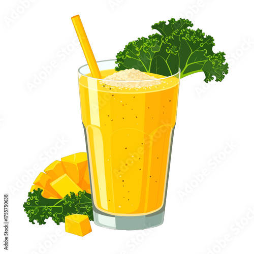 Vibrant Pixel Art Smoothie in Clear Glass with Kale Garnish and Yellow Straw on White Background Still Life