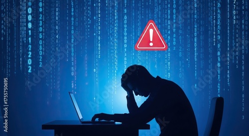 Mental Health in the workplace, A person sitting at a desk with a laptop, stressed, surrounded by digital code, with a red alert symbol above, indicating a cybersecurity issue.