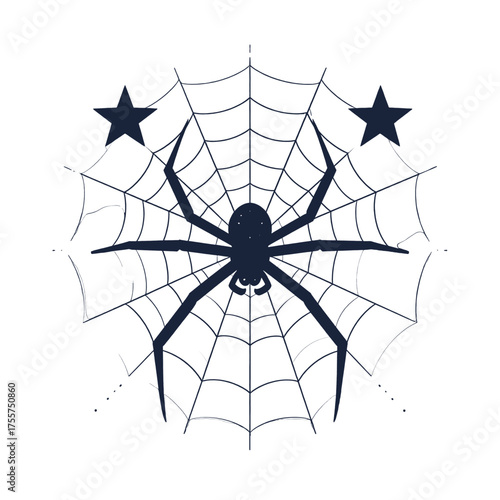 Stylized Navy Spider with Web and Stars on White Background Isolated Vector Illustration