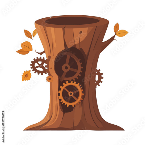 Stylized Brown Hollow Tree Trunk with Gears and Leaves Illustration on White Background