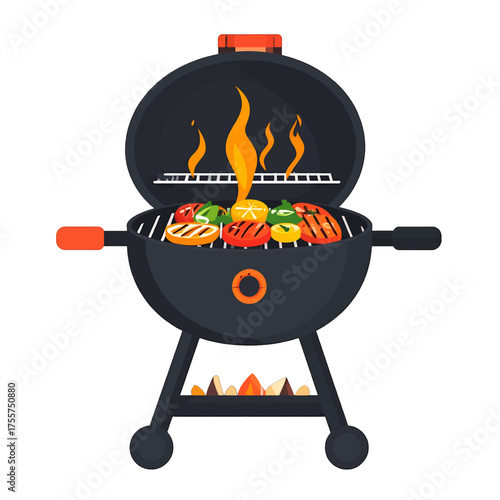 Black Barbecue Grill with Flaming Vegetables on White Background Illustration
