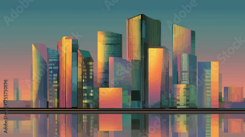 A vibrant cityscape at dusk with colorful skyscrapers reflected in water