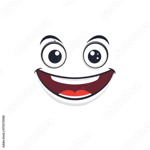 Joyful Cartoon Face with Wide Eyes and Open Mouth on White Background Depicting Happiness and Exuberance