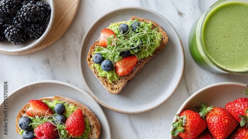 Beautifully Arranged Healthy Breakfast with Avocado Toast and Fresh Berries on Marble Table