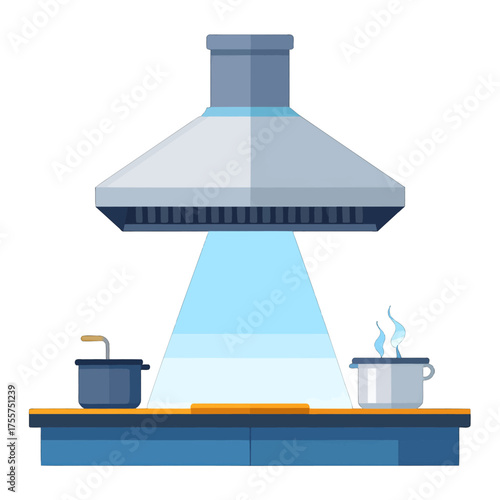Kitchen Scene with Blue Cabinets and Stainless Steel Hood in Flat Vector Design