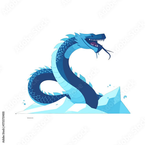 Pixelated Blue Serpent Rising from Ice Floe on White Background Detailed Creature Design Isolated Digital Illustration Pixel Art Style