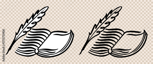 An open book with a pen, symbolizing literature, writing, language, and knowledge. An elegant icon in vintage style. Can be used as a symbol for a notary or library. EPS10 Vector illustrations