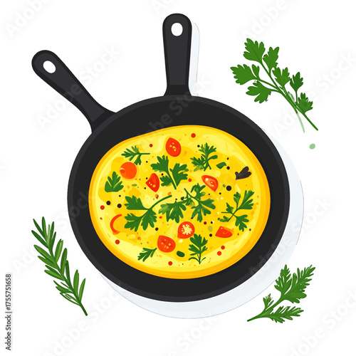 Top View of Omelet in Black Pan Adorned with Red Tomato Slices and Green Parsley Sprigs on White Background