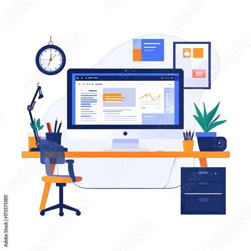 Illustrative Workspace Setup with Blue Desk Chair and Office Supplies Computer Monitor with Spreadsheet Display and Desk with Pot Plant