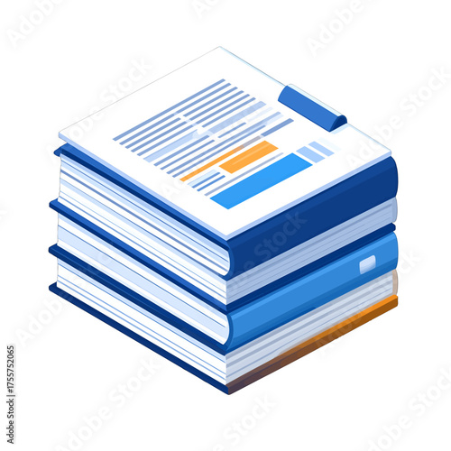 Isometric Stack of Documents and Books with Blue and White Papers Information and Orange Edges on White Background with Flat Style
