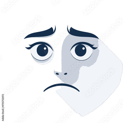 Distressed Facial Expression with Downcast Eyes in Blue and White Isolated on White Background Graphic Representation of Sadness Anguish Pain