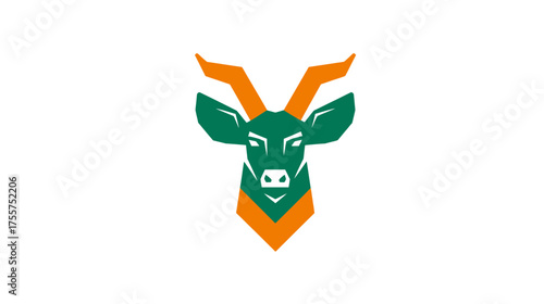 Stylized green and orange antelope head with sharp lines on white