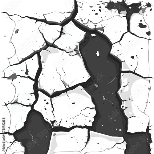 Detailed Close Up of a Cracked Painted Surface in Monochrome Palette with Intricate Network of Fissures and Weathered Texture