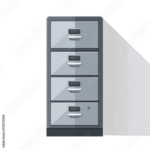 Gray Four Drawer Filing Cabinet with Silver Hardware and Long Shadow on White Background
