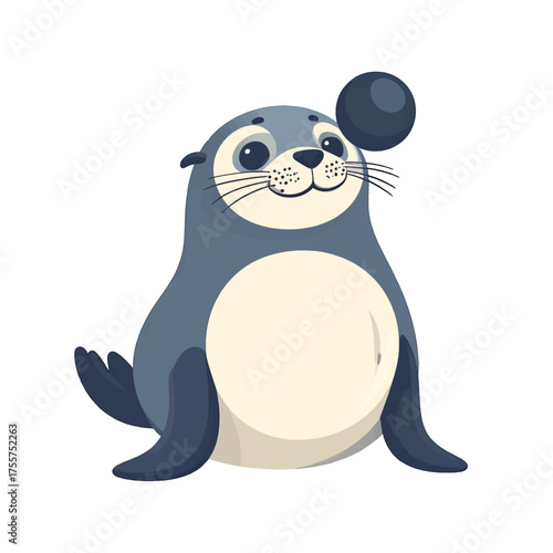Cartoon Sea Animal with Navy Blue Fur and Cream Belly Balancing Ball on Nose in White Background