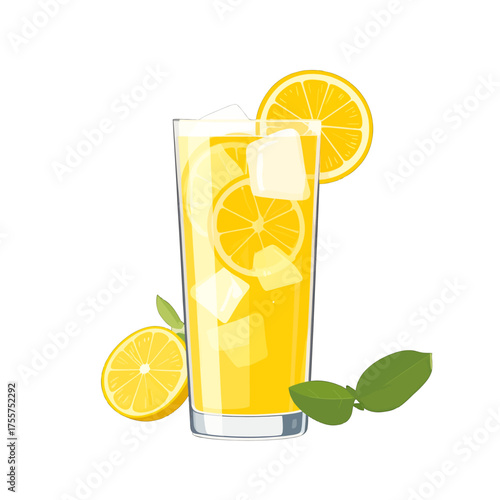 Refreshing Lemonade in Glass with Ice Cubes and Sliced Lemons on White Background