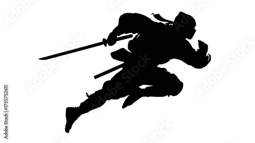 Silhouette of a ninja in dynamic running pose with drawn sword