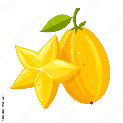 Bright Yellow Star Fruit Still Life with Green Leaf Detail and Textured Skin on Clean White Background Isolated Fresh Tropical Carambola Illustration