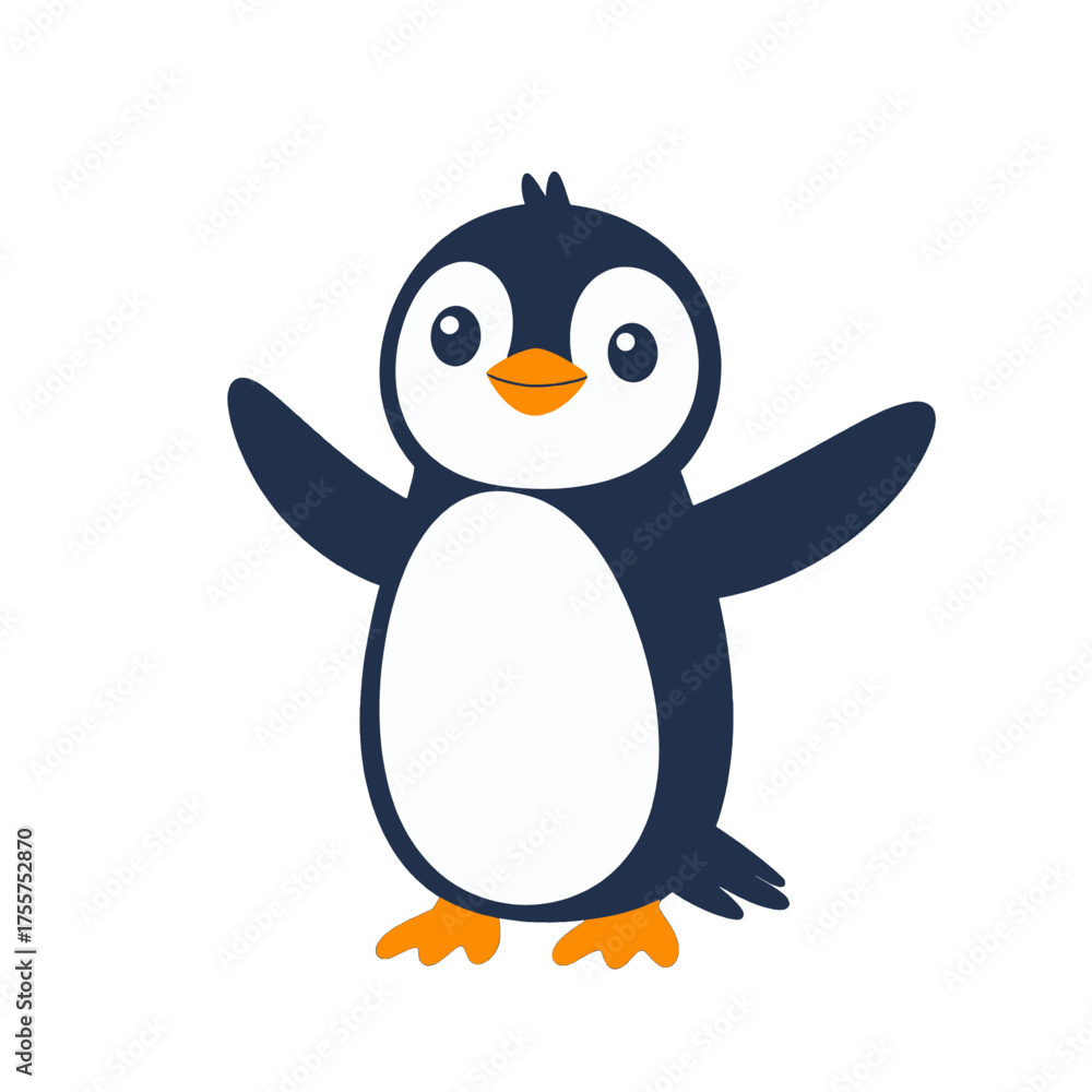 Obraz premium Cartoon Penguin with Dark Blue and White Feathers and Orange Beak on a White Background Graphic Vector Illustration