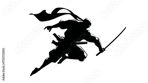 Black silhouette of a dynamic ninja in mid-air with sword raised