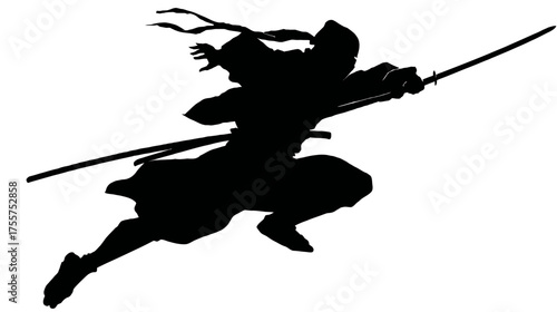 Silhouetted warrior in dynamic pose with sword raised
