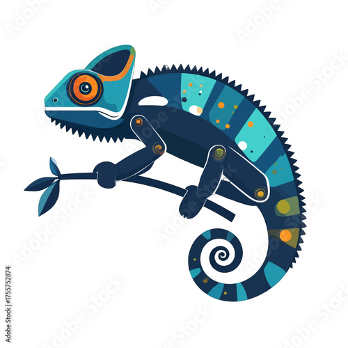 Stylized Teal Blue Chameleon Robot Sitting on Branch Isolated on White Background