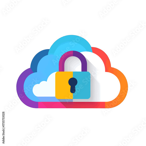 Colorful Cloud Computing Security Illustration Featuring a Padlock Icon on a White Background