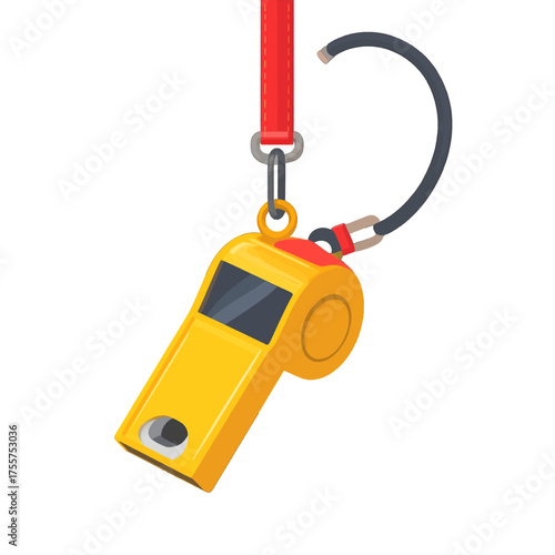 Isolated Yellow Whistle with Red Lanyard and Gray Mouthpiece on White Background