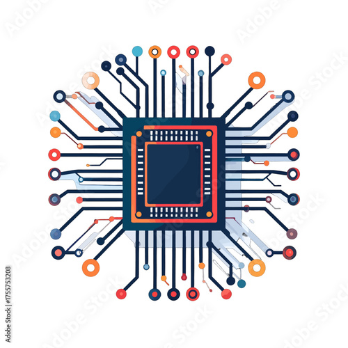Central Processing Unit Illustration with Circuit Board Connections on White Background