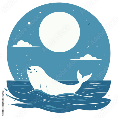Minimalist White Seal Swimming Under a Full Moon in Teal Blue Sea with Pixel Art Style Illustration