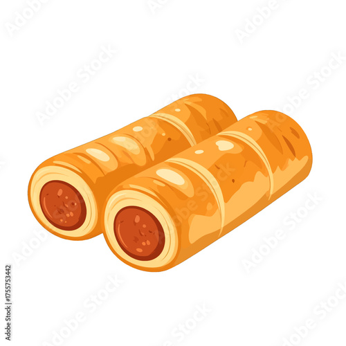 Two Golden Brown Sausage Rolls With Pixel Art Style on a Plain White Background Still Life