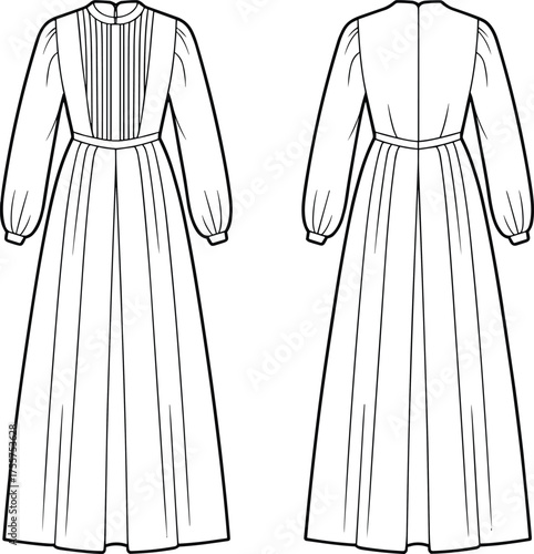 Long sleeve gown fashion CAD, pleated bodice technical flat sketch, vector illustration, front and back view, apparel design template, garment construction drawing