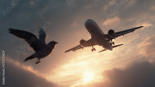Airplane descending at sunset with bird flying nearby, illustrating aviation safety, wildlife hazards and the delicate balance between nature and modern air travel.