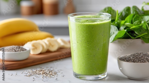 Refreshing Green Smoothie with Banana and Spinach on a Kitchen Countertop in Bright Atmosphere