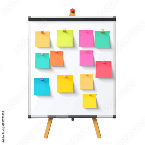 White Flipchart with Colorful Sticky Notes and Wooden Legs and Bright Background