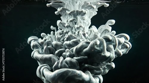 Abstract ink dispersing underwater creating swirling formations in slow motion