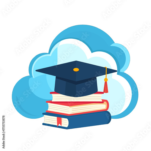 Graduation Cap on Stack of Books with Cloud Background Education