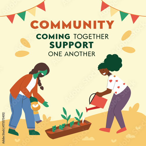 Two diverse women tending to a small garden together, symbolizing community support and shared growth under festive bunting.