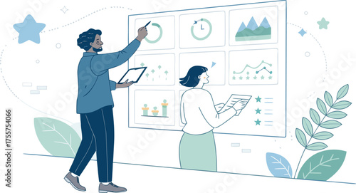 Two people collaborating and analyzing data visualizations on a large interactive screen, with one person pointing and the other holding a tablet.